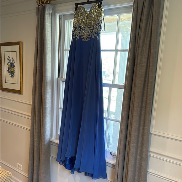 Embellished Blue and Silver Sweetheart Prom Gown - Picture 1 of 5